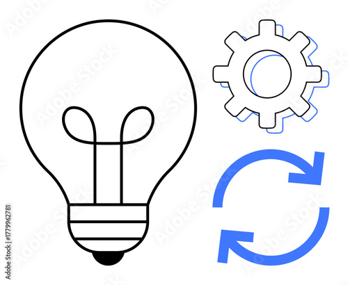 Light bulb for ideas, gear for mechanics, circular arrows for repetition highlight innovation, efficiency, and creativity. Ideal for brainstorming, workflow, automation, progress renewal teamwork