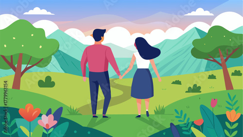 A couple holding hands while walking through a peaceful meadow taking a break from their remote jobs to enjoy the scenery.. Vector illustration