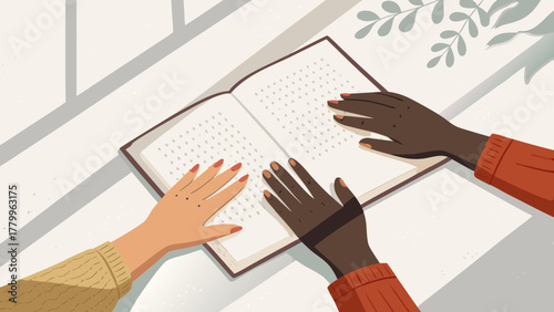 Diverse hands reading book together study group collaboration learning education knowledge reading material open book 100