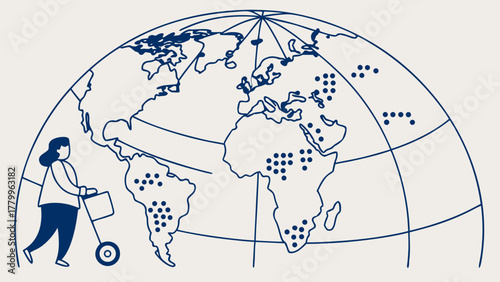 Global distribution map illustration showing worldwide market reach and international business expansion strategy