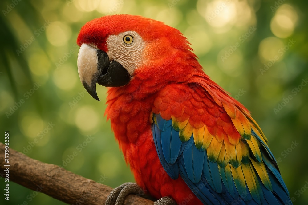 Fototapeta premium Vivid macaw parrot perched on branch vibrant plumage against lush tropical greenery