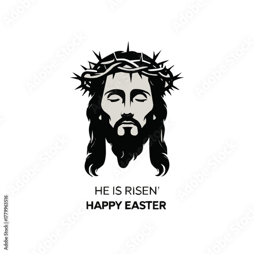 He Is Risen – Black Silhouette of Jesus Christ with Crown of Thorns, Happy Easter Religious Sticker Design