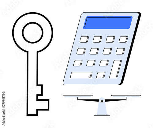Key, calculator balanced on a scale emphasizing financial decisions, fairness, and efficiency. Ideal for finance, security, investment, decision-making equity management and strategy. Simple flat