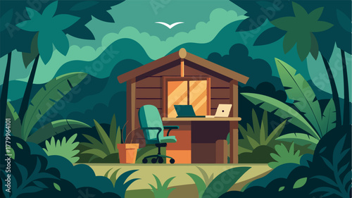 A secluded cabin nestled in the jungle with a small but cozy office corner complete with a comfortable armchair and a vintage wooden desk offering a perfect blend of nature and. Vector illustration