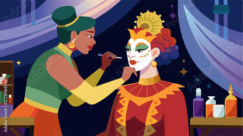 A makeup artist puts the finishing touches on a performers intricate stage look in a dressing room backstage at the cultural arts center.. Vector illustration