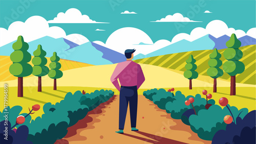 A man takes a break from working to walk through the rows of gvines taking in the serene beauty of the vineyard.. Vector illustration