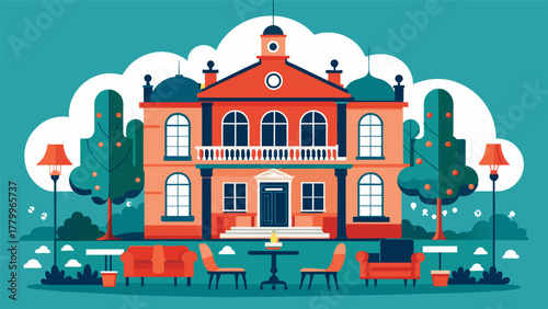 A beautiful historical mansion revamped into a coworking space with period furniture and intricate ceiling details preserved in the common areas.. Vector illustration