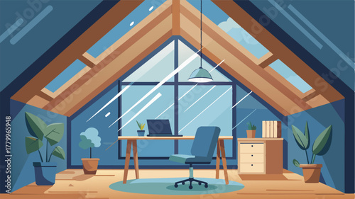 A cozy attic room with exposed wooden beams and a large skylight serves as a temporary office for a remote worker. The gentle sound of rain tapping against the windows adds to the. Vector illustration
