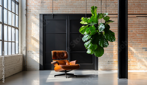 Fototapeta Naklejka Na Ścianę i Meble -  Stylish industrial office interior featuring brown leather chair and large green plant, creating warm and inviting atmosphere