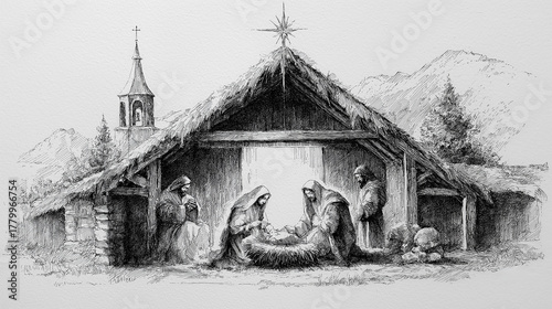 Vintage pen and ink drawing of the nativity scene with baby Jesus, Mary and Joseph under the stable, featuring classic line art style that symbolizes faith, devotion and the spirit of Christmas.