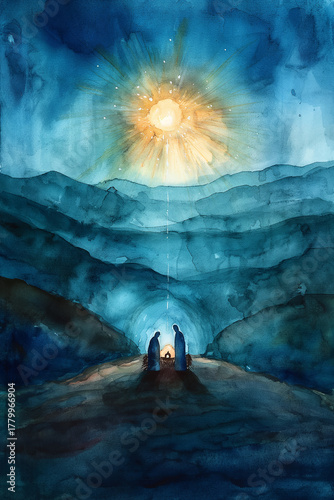 Watercolor nativity scene with radiant light over a peaceful night landscape. Symbolizing divine birth, hope and peace, this modern Christian art captures faith in a minimal and emotional style.