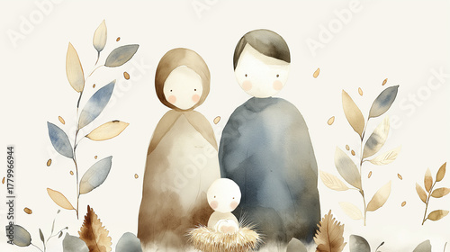 Soft watercolor illustration of the nativity scene with Mary, Joseph and baby Jesus surrounded by gentle leaves, symbolizing peace, love and the simple beauty of Christmas faith.