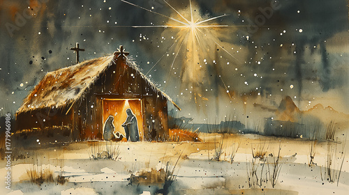 Watercolor nativity painting showing baby Jesus in the stable under divine light with warm golden tones and expressive brush strokes, symbolizing hope, faith and the sacred beauty of Christmas night.