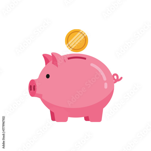 Modern Flat Piggy Bank with Coin Pink Moneybox Illustration Icon