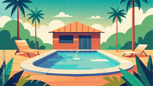 A private plunge pool offers a refreshing respite from work just steps away from the sundappled bungalow.. Vector illustration