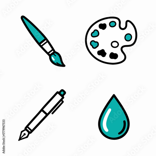 Collection of blue and black art supplies including paintbrush pen palette and paint drop