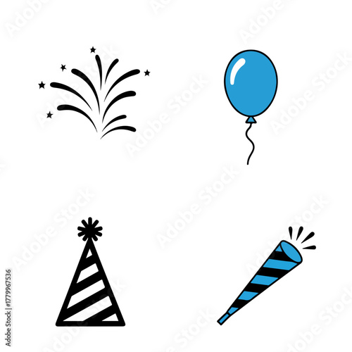 Black silhouette of celebratory party elements with blue balloon on white background
