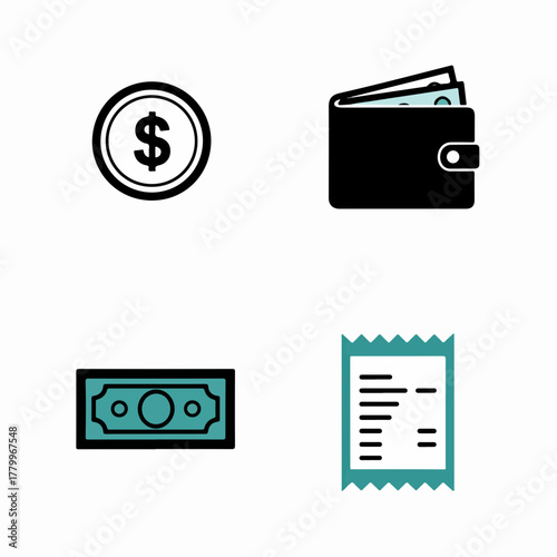 Flat icon set of money dollar coin wallet banknote and receipt