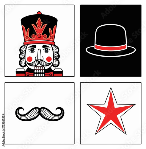 Graphic illustration of black and red nutcracker king face mustache hat and star icons
