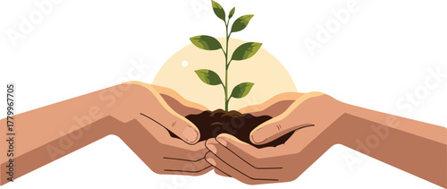 Hands Holding Soil With Green Sprout and Yellow Sun