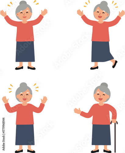 Happy Elderly Woman Poses Coral Shirt Navy Skirt Cane Isolated