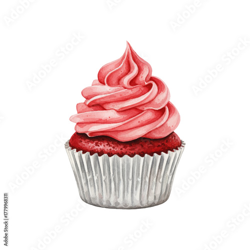Watercolor Detailed Red Velvet Cupcake with Pink Frosting Delicious Dessert