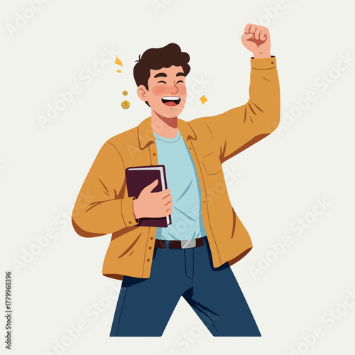 Happy Man With Book Raised Fist In Yellow Jacket And Blue Jeans