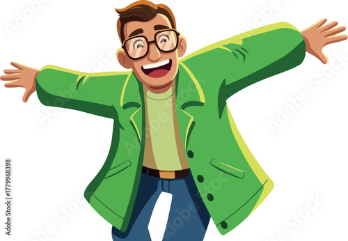 Happy Man In Green Jacket With Arms Outstretched And Glasses