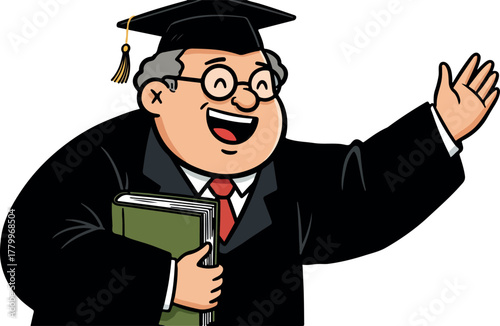 Happy Professor Waving Holding Book Graduation Cap And Gown Black And White