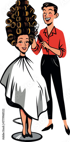Happy Stylist Gives Woman Retro Hair Rollers and Comb