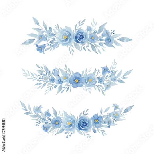 Watercolor Gentle Blue Flower Arrangement Decoration Set Isolated on White