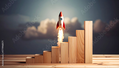 Upward growth graph with rocket icon, representing innovation, financial success and rapid business expansion.