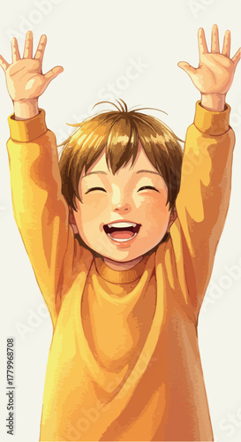 Happy Young Boy In Orange Sweater Arms Raised Joyful Expression Pixel Art