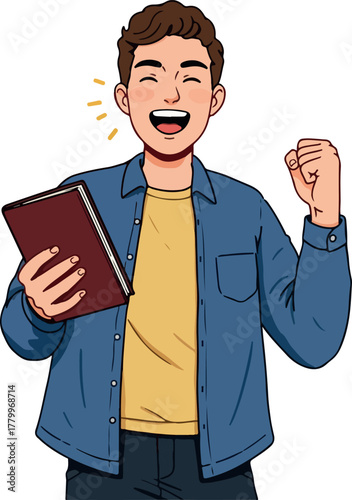 Happy Young Man Celebrates Holding a Book and Cheering