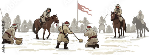 Historical Winter Scene With Horse Riders And Figures Playing Ball Game