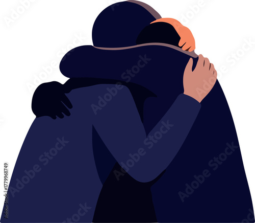 Illustration of two people embracing tightly in dark blue coats against a white background