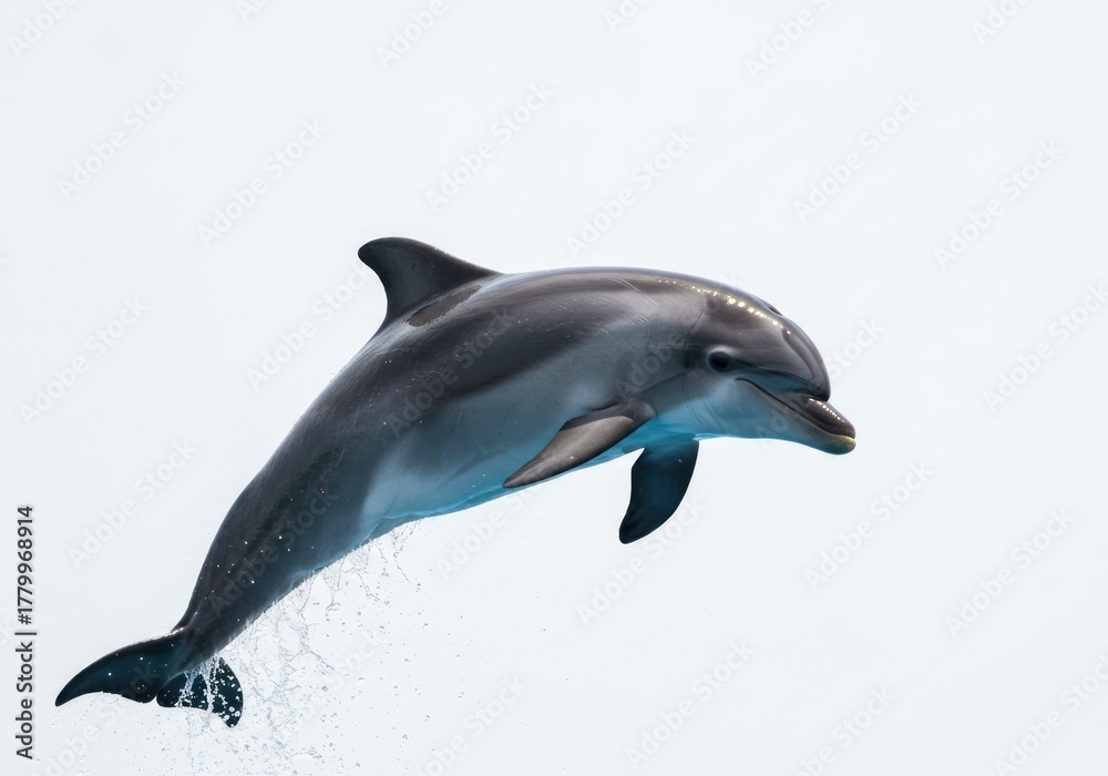Naklejka premium Dolphin Jumping in Bright Sky with Water Splashing Underneath