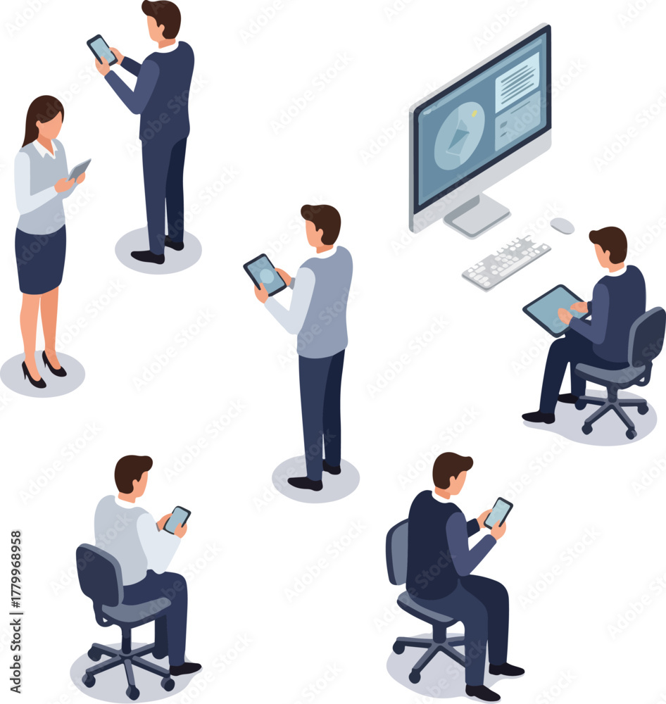 Fototapeta premium Isometric Business People Using Technology in Office Setting