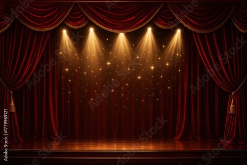 Elegant red and gold ceremonial stage backdrop with sparkling lights and luxurious fabric drapes creating prestigious award ceremony atmosphere for special events and celebrations