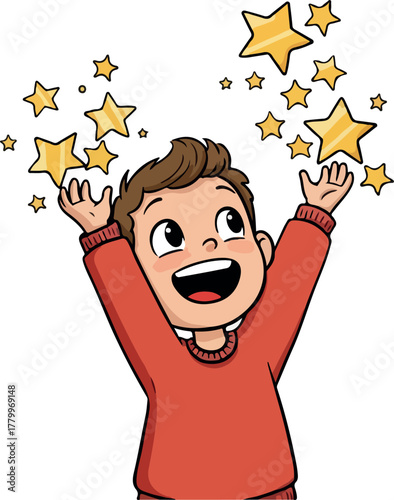 Joyful Boy Reaching For Golden Stars Against White Background