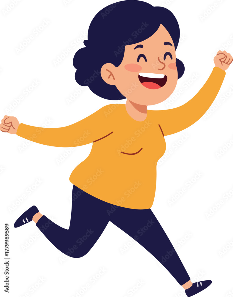 Fototapeta premium Joyful Woman Running in Orange Top and Dark Pants