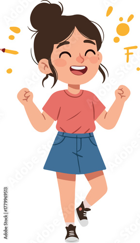 Joyful Young Girl Celebrating Success with Arms Raised in Pink Shirt Blue Skirt