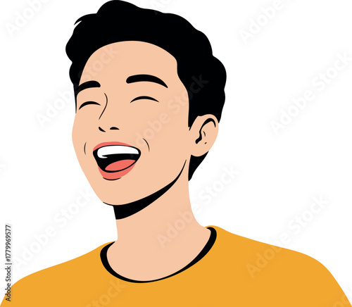 Joyful Young Man Laughing with Eyes Closed Wearing Orange Shirt