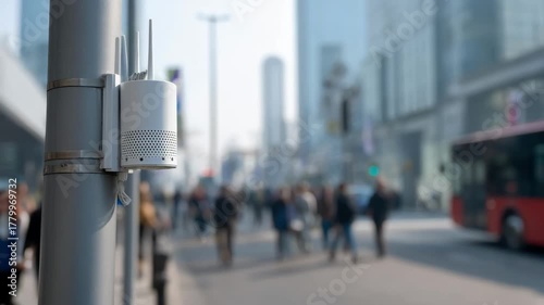 Wallpaper Mural Medium shot of a smart sensor array installed on urban infrastructure tracking air pollution and pedestrian movement seamlessly. Torontodigital.ca