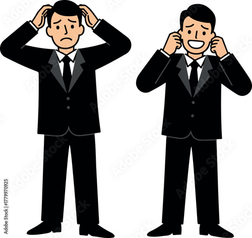 Man In Black Suit Showing Stress And Happiness Flat Illustration