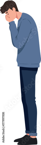 Man In Blue Sweater Hiding Face In Hands Isolated Vector