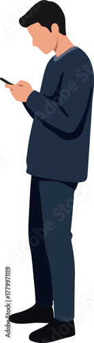 Man In Dark Blue Shirt And Pants Looking Down At Mobile Phone