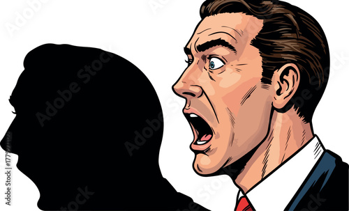 Man In Business Suit Yelling With Shadow Silhouette Isolated White