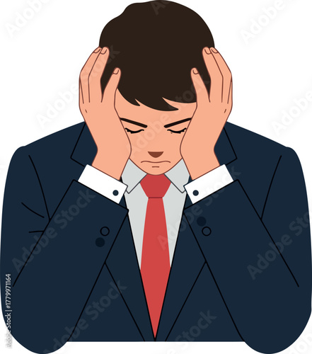 Man in Dark Suit Red Tie Holding Head In Distress Isolated