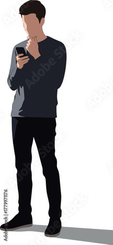 Man in Dark Gray Long Sleeve Shirt Black Pants Holding Smartphone